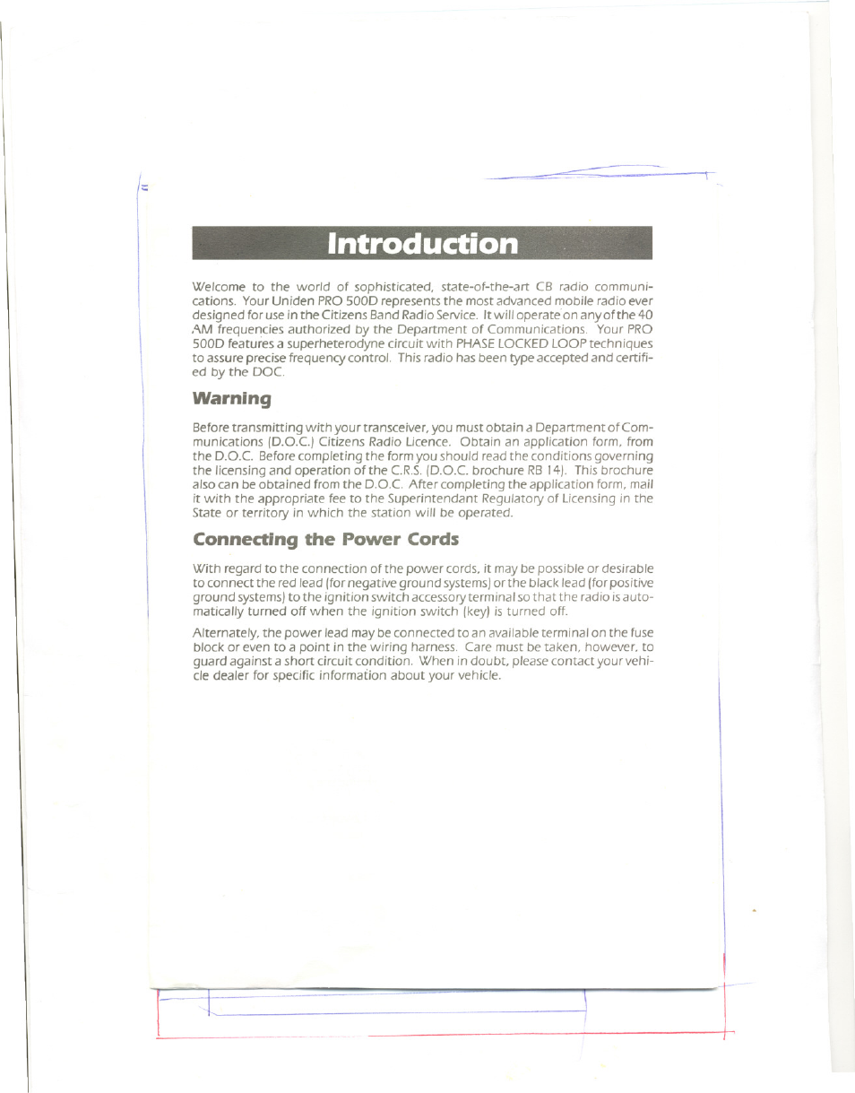 Introduction, Warning, Connecting the power cords | Uniden PRO 500D User Manual | Page 2 / 9