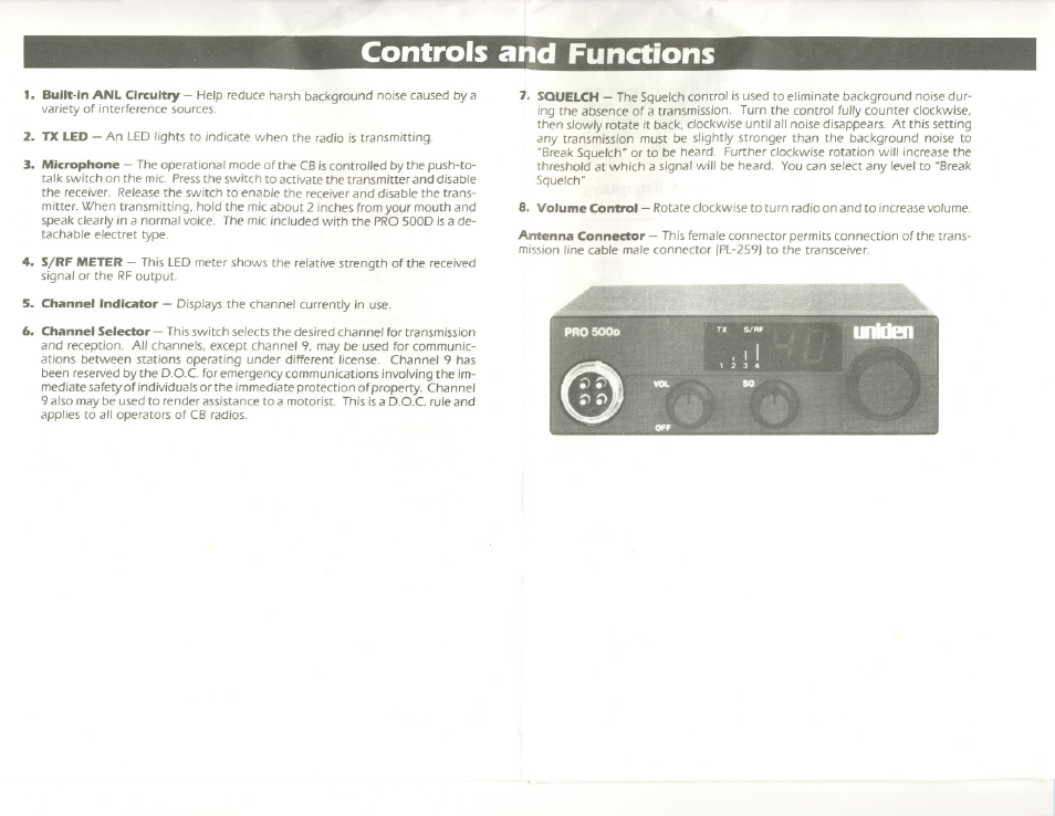 Controls and functions | Uniden PRO 500D User Manual | Page 3 / 9