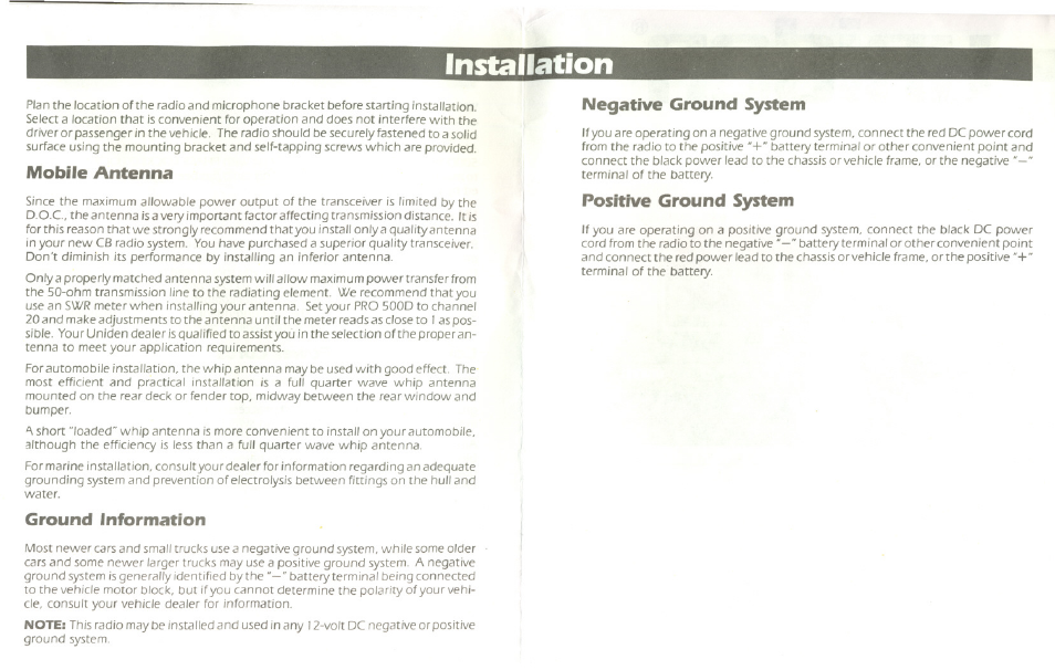 Installation, Mobile antenna, Ground information | Negative ground s^em, Positive ground system, Ground information negative ground s^em | Uniden PRO 500D User Manual | Page 5 / 9