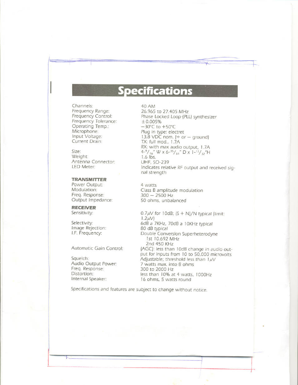 Specifications | Uniden PRO 500D User Manual | Page 6 / 9