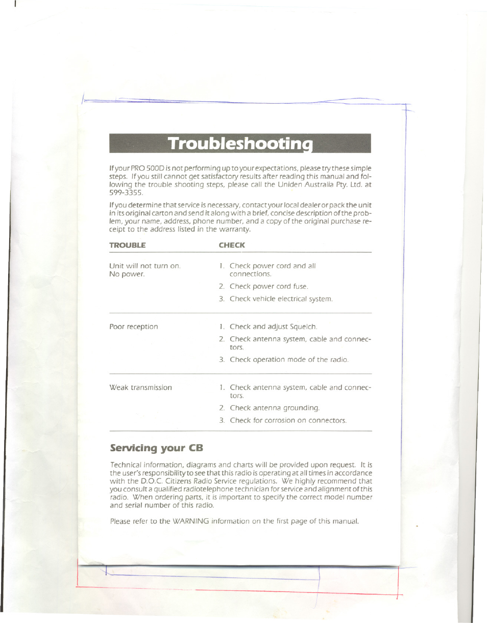 Troubleshootin, Servicing your cb | Uniden PRO 500D User Manual | Page 7 / 9