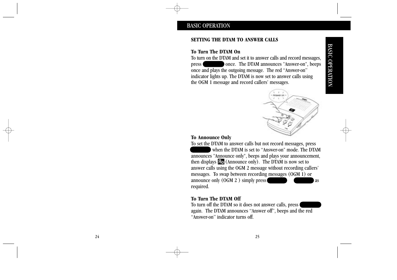 Basic operation, Setting the dtam to answer calls, To turn the dtam on | To announce only, To turn the dtam off | Uniden 7100A User Manual | Page 13 / 21
