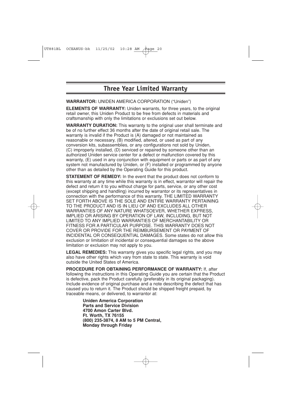 Three year limited warranty | Uniden LTD1025 User Manual | Page 23 / 24