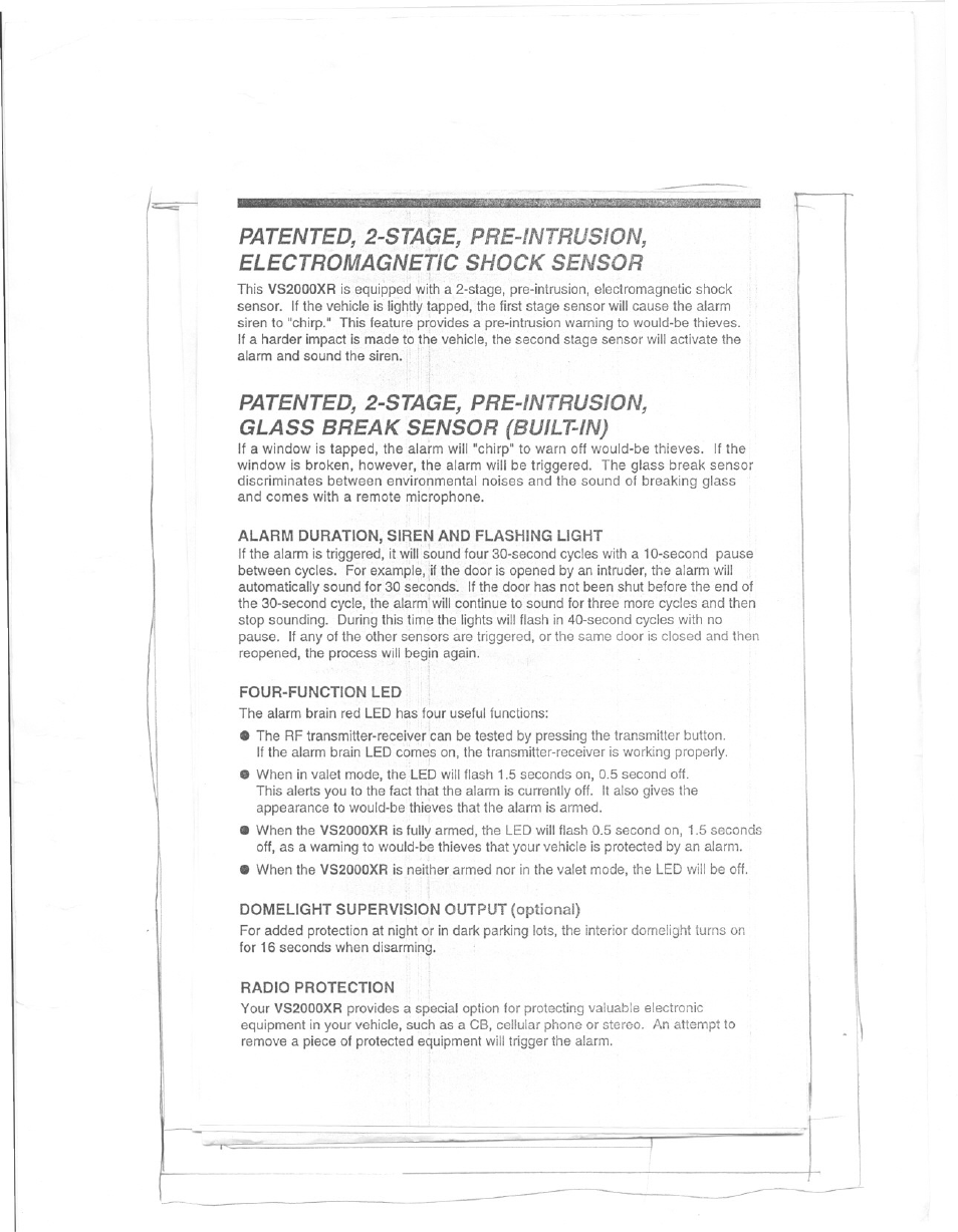 Patented, 2-stage, pre-intrusion, Glass break sensor (built-in), Alarm duration, siren and flashing light | Four-function led, Domelight supervision output (optional), Radio protection | Uniden VS2000XR User Manual | Page 2 / 8