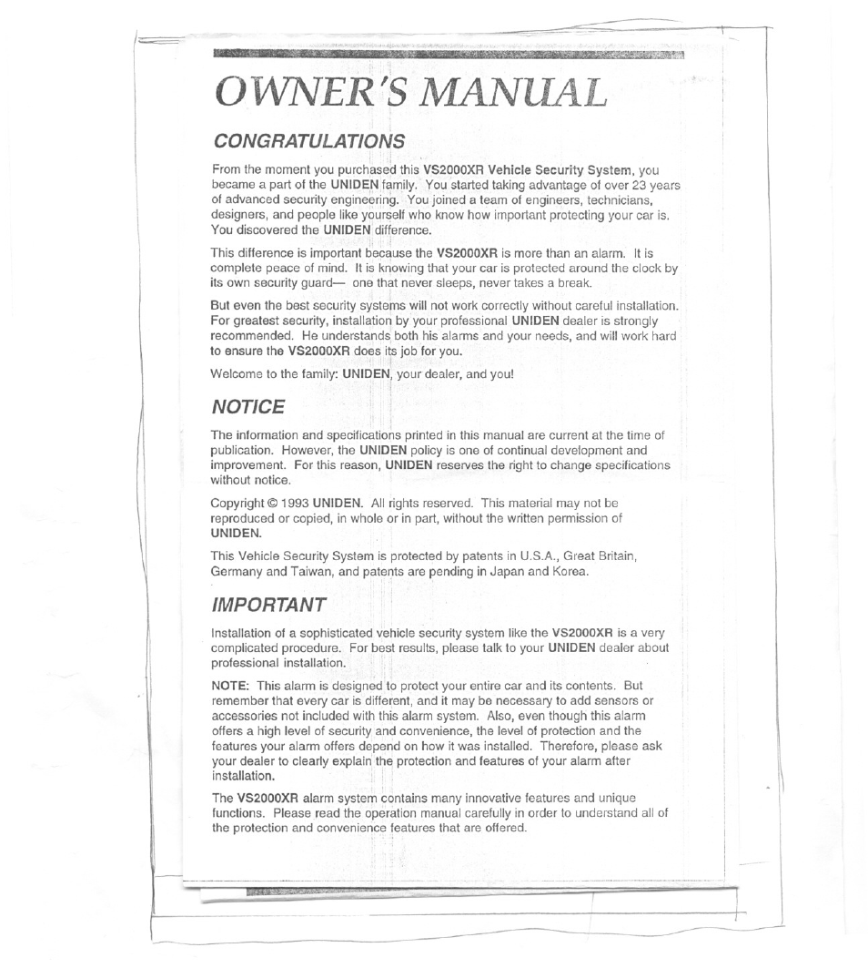 Congratulations, Notice, Important | Owner's manual | Uniden VS2000XR User Manual | Page 4 / 8