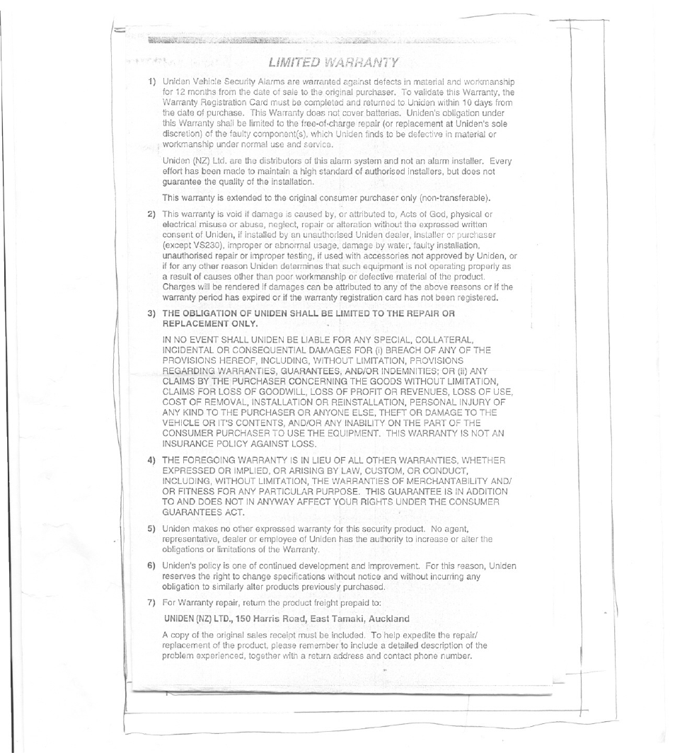 Limued ymrhanrr | Uniden VS2000XR User Manual | Page 5 / 8