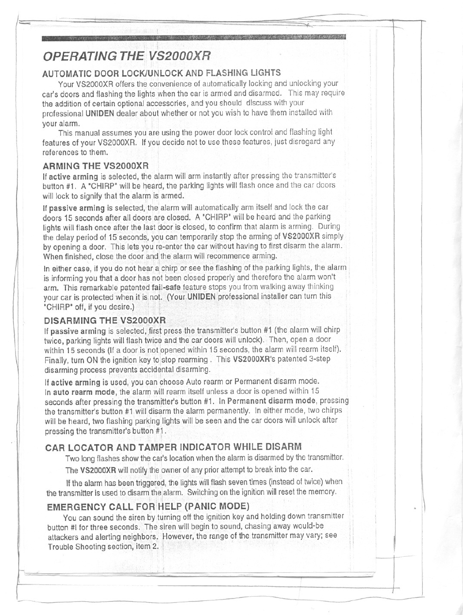 Operating the vs2000xr, Automatic door lock/unlock and flashing lights, Arming the vs2000xr | Disarming the vs2000xr, Car locator and tamper indicator while disarm, Emergency call for help (panic mode) | Uniden VS2000XR User Manual | Page 6 / 8