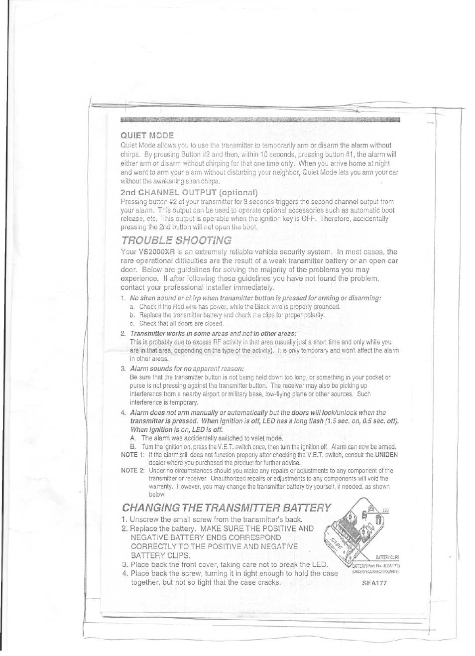 Changing the transmitter battery, Trouble shooting, Quiet ivlcde | 2nd channel output (optional) | Uniden VS2000XR User Manual | Page 7 / 8