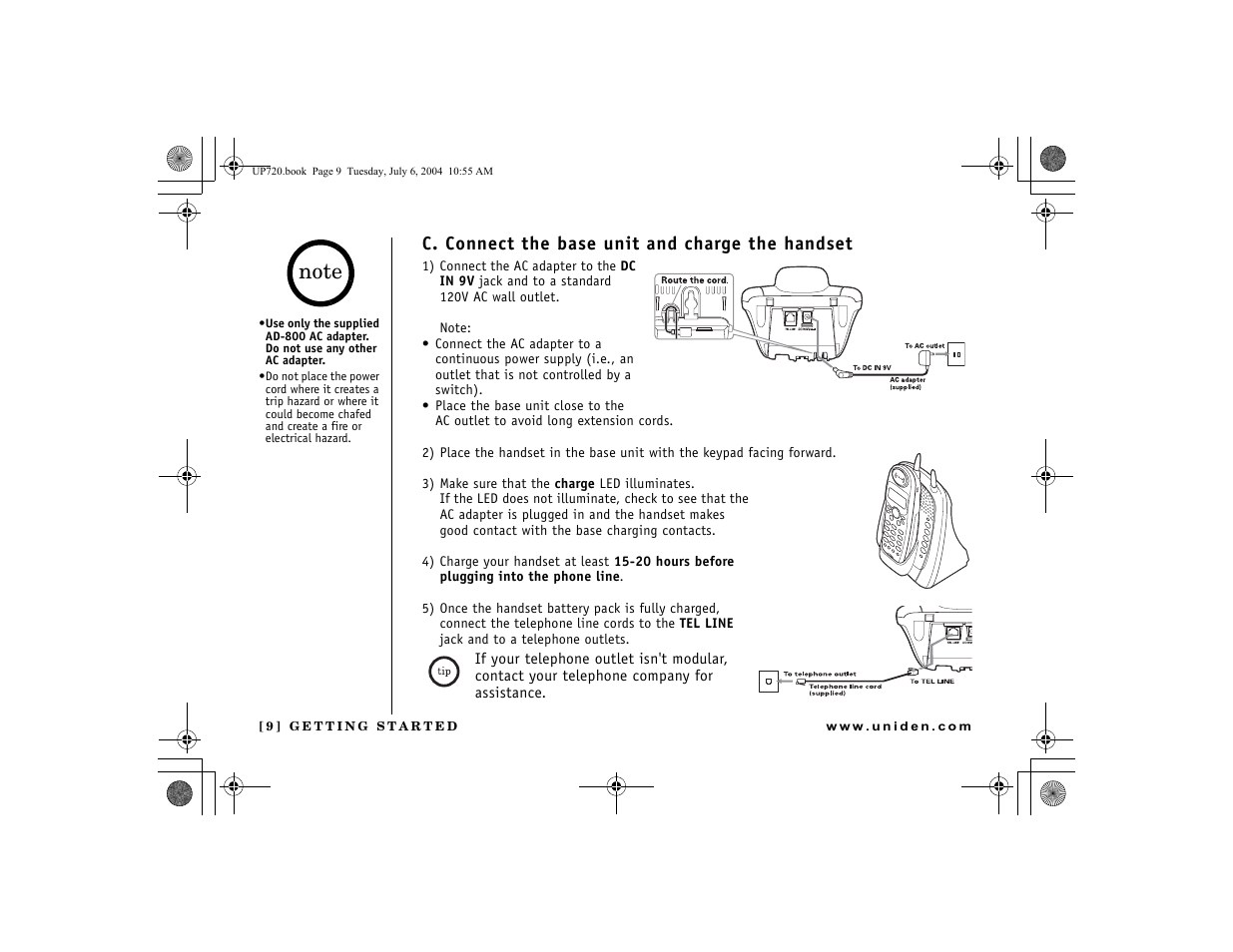 C. connect the base unit and charge the handset | Uniden DCT 748 User Manual | Page 10 / 84