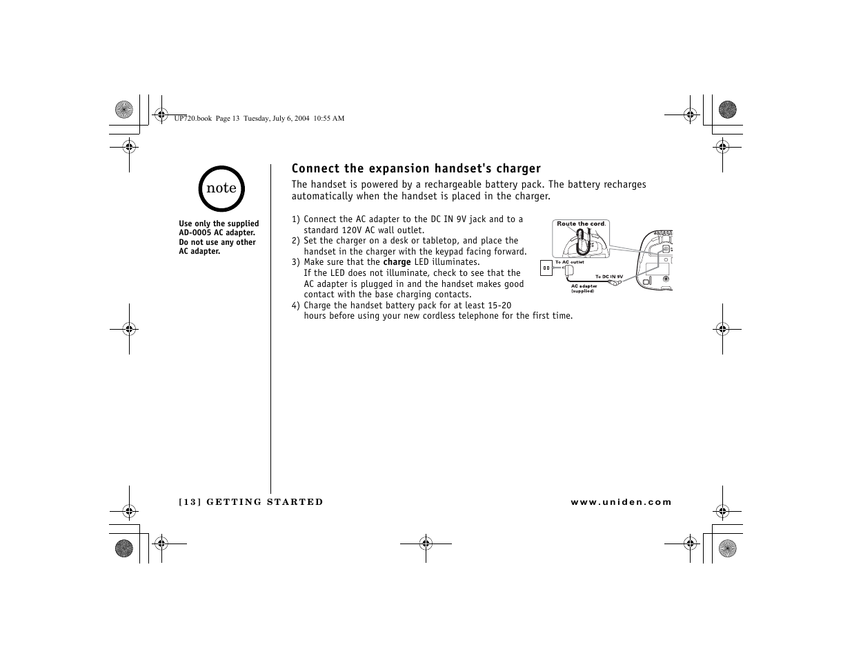 Connect the expansion handset's charger | Uniden DCT 748 User Manual | Page 14 / 84
