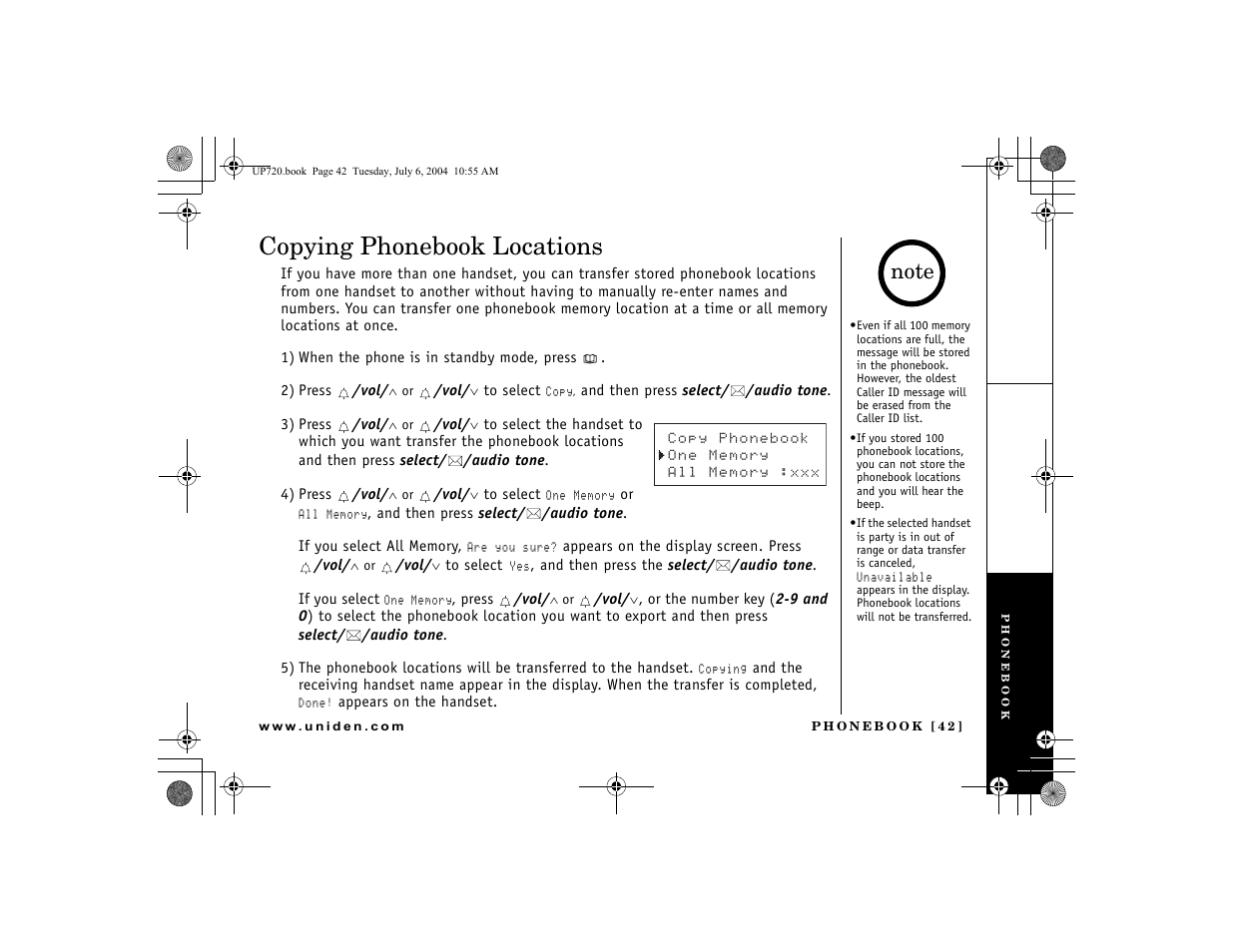 Copying phonebook locations | Uniden DCT 748 User Manual | Page 43 / 84
