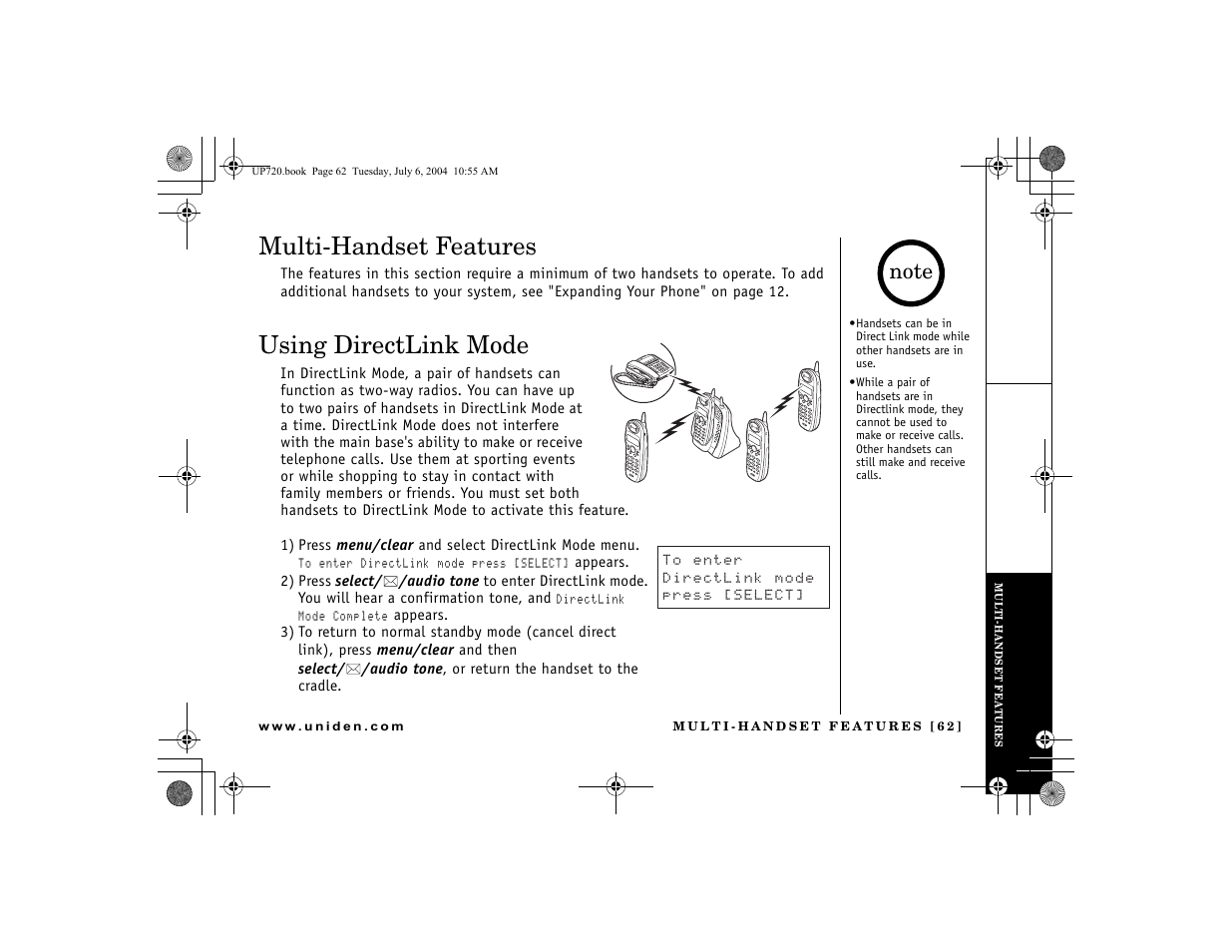 Multi-handset features, Using directlink mode | Uniden DCT 748 User Manual | Page 63 / 84