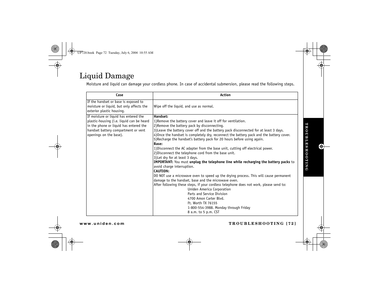 Liquid damage | Uniden DCT 748 User Manual | Page 73 / 84