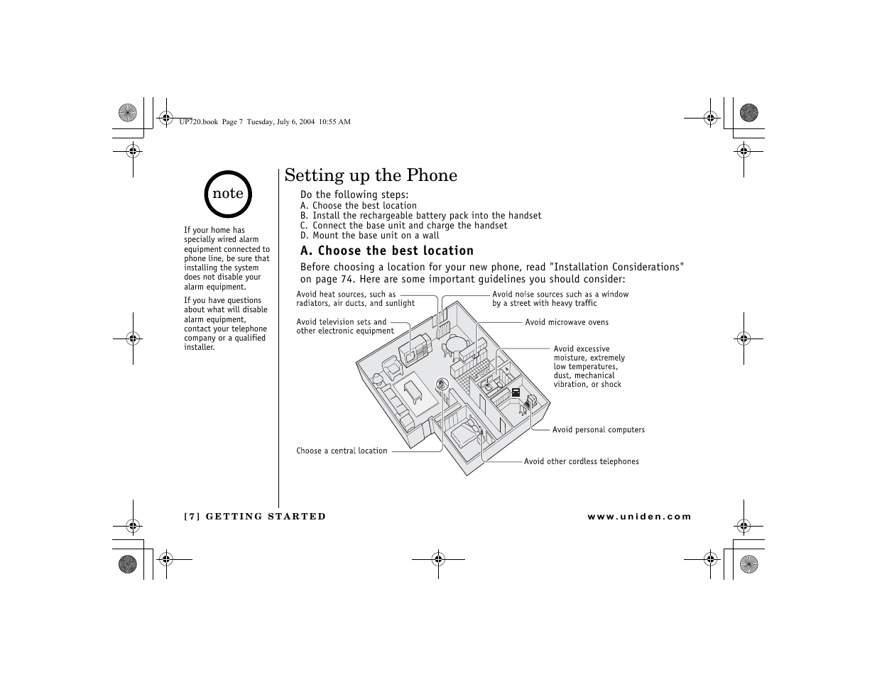 Getting started, Setting up the phone, A. choose the best location | Uniden DCT 748 User Manual | Page 8 / 84