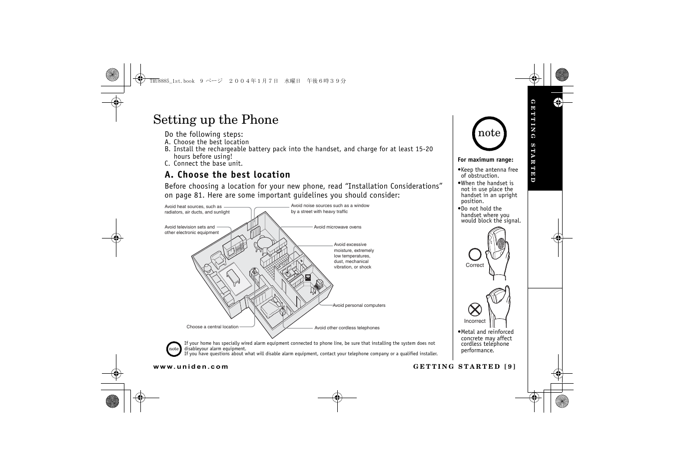 Setting up the phone, A. choose the best location | Uniden TRU 8885 User Manual | Page 10 / 92