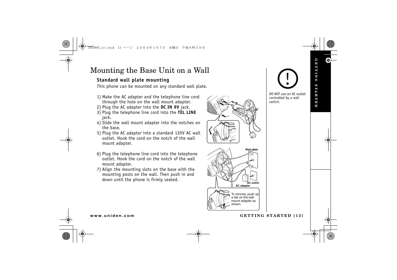 Mounting the base unit on a wall | Uniden TRU 8885 User Manual | Page 14 / 92