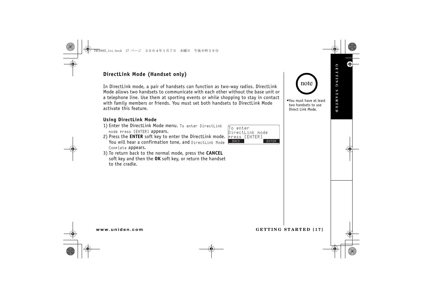 Directlink mode (handset only) | Uniden TRU 8885 User Manual | Page 18 / 92