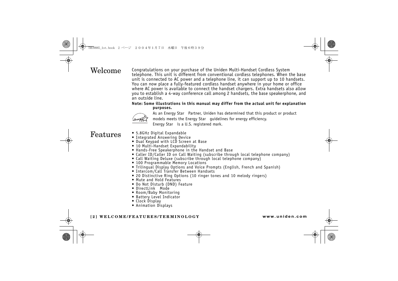 Welcome/features/t, Welcome features | Uniden TRU 8885 User Manual | Page 3 / 92