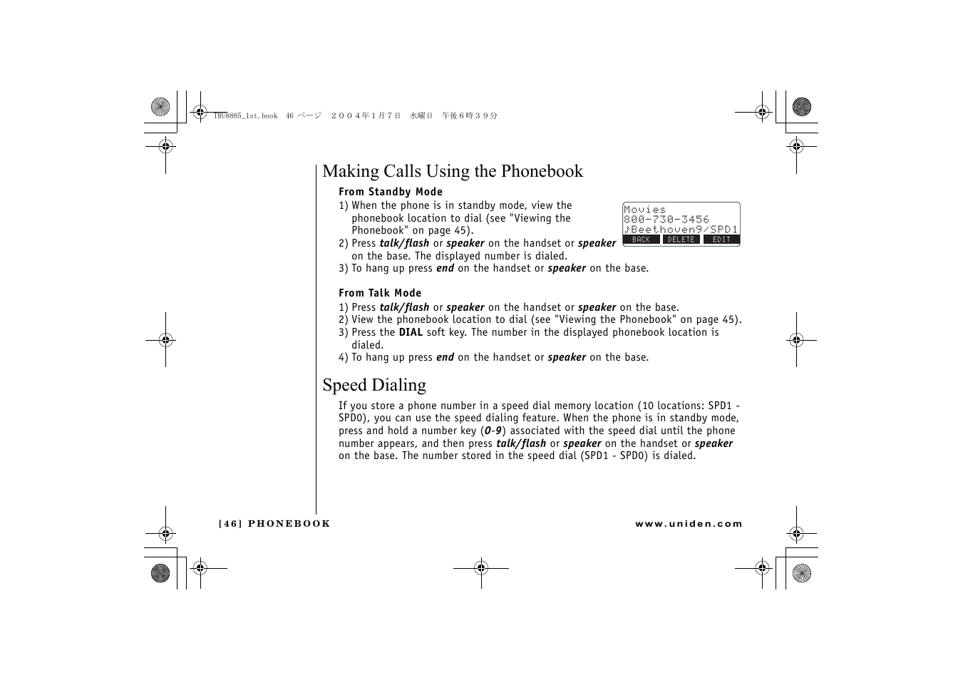 Making calls using the phonebook, Speed dialing | Uniden TRU 8885 User Manual | Page 47 / 92