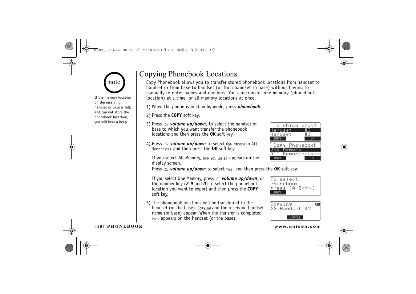 Copying phonebook locations | Uniden TRU 8885 User Manual | Page 49 / 92