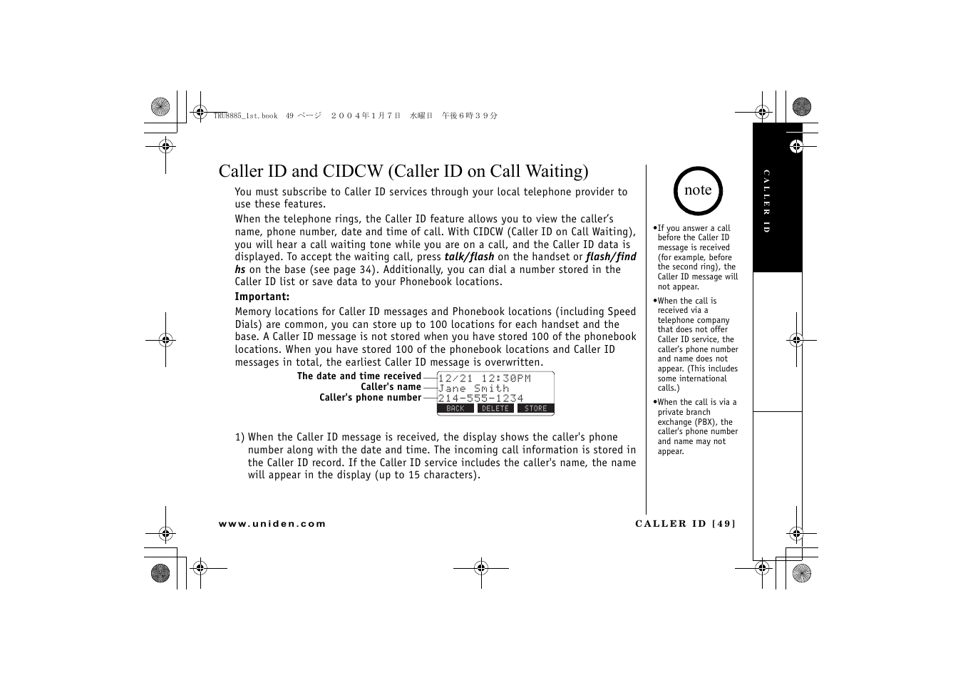 Caller id and cidcw (caller id on call waiting) | Uniden TRU 8885 User Manual | Page 50 / 92