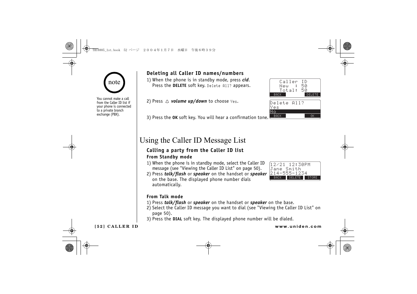 Using the caller id message list | Uniden TRU 8885 User Manual | Page 53 / 92