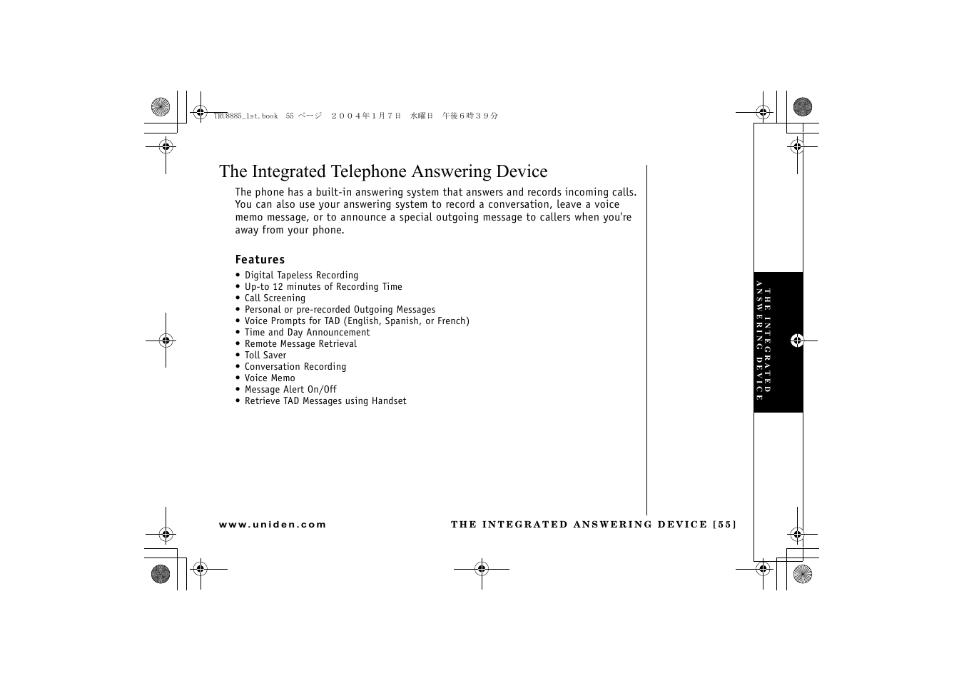 The integrated telephone answering device, Features | Uniden TRU 8885 User Manual | Page 56 / 92