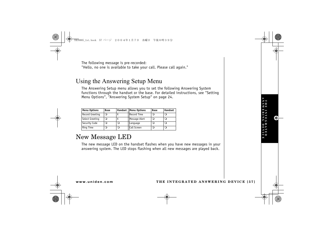 Using the answering setup menu, New message led | Uniden TRU 8885 User Manual | Page 58 / 92