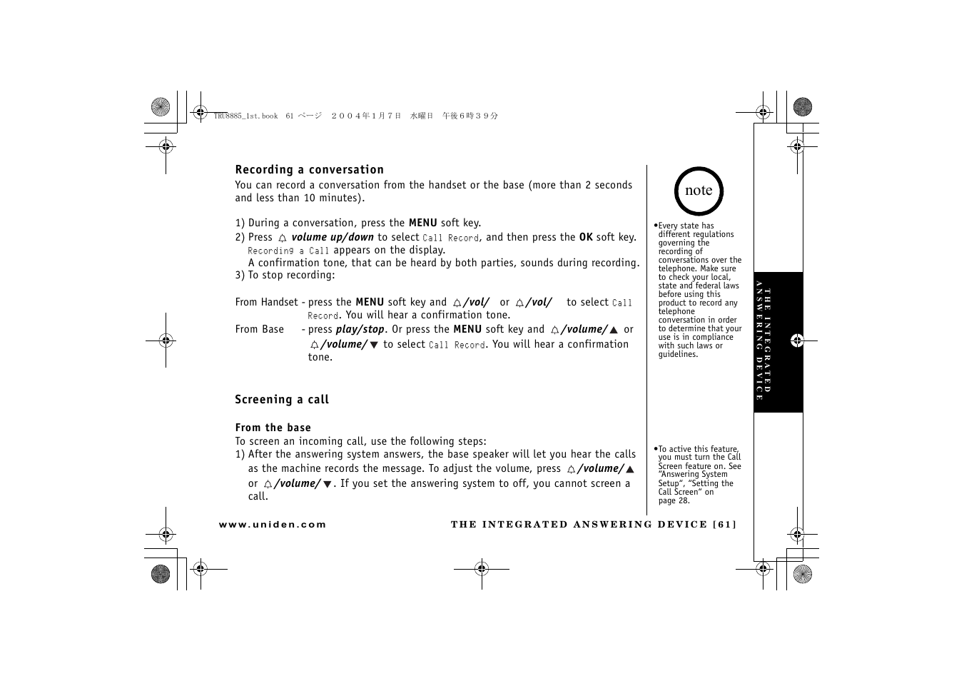 Uniden TRU 8885 User Manual | Page 62 / 92