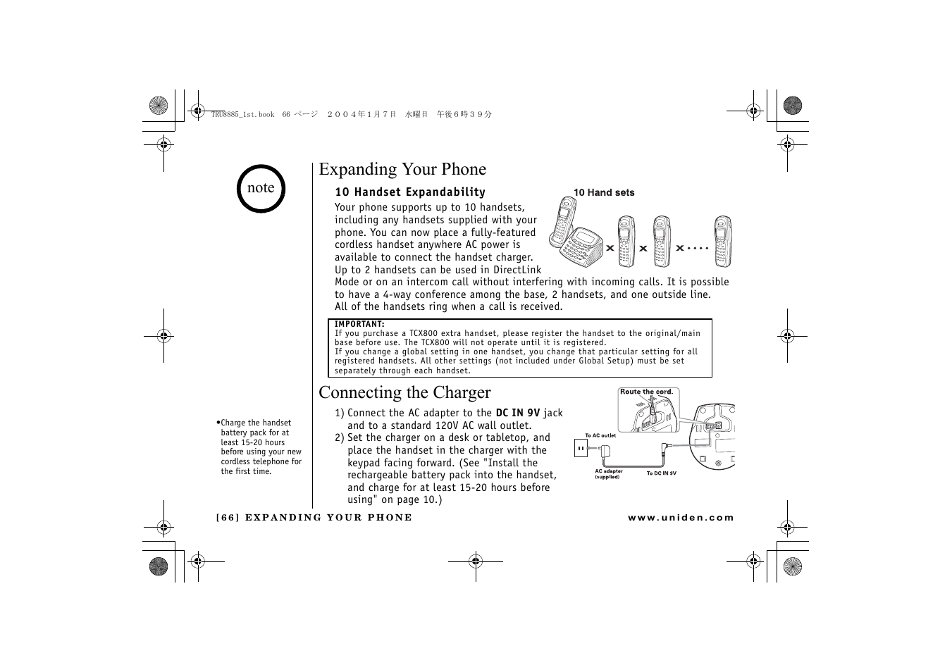Expanding your phone, Connecting the charger | Uniden TRU 8885 User Manual | Page 67 / 92