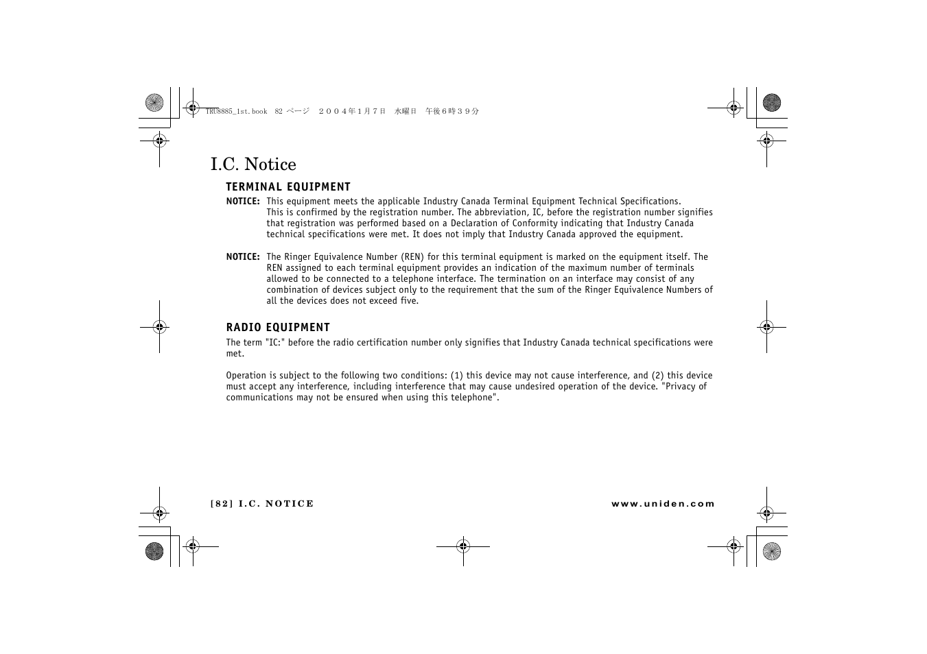 I.c. notice | Uniden TRU 8885 User Manual | Page 83 / 92