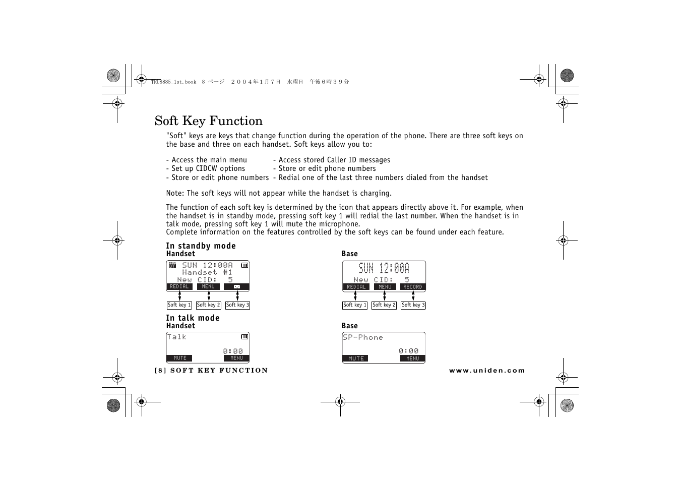 Soft key function, P. 8) | Uniden TRU 8885 User Manual | Page 9 / 92