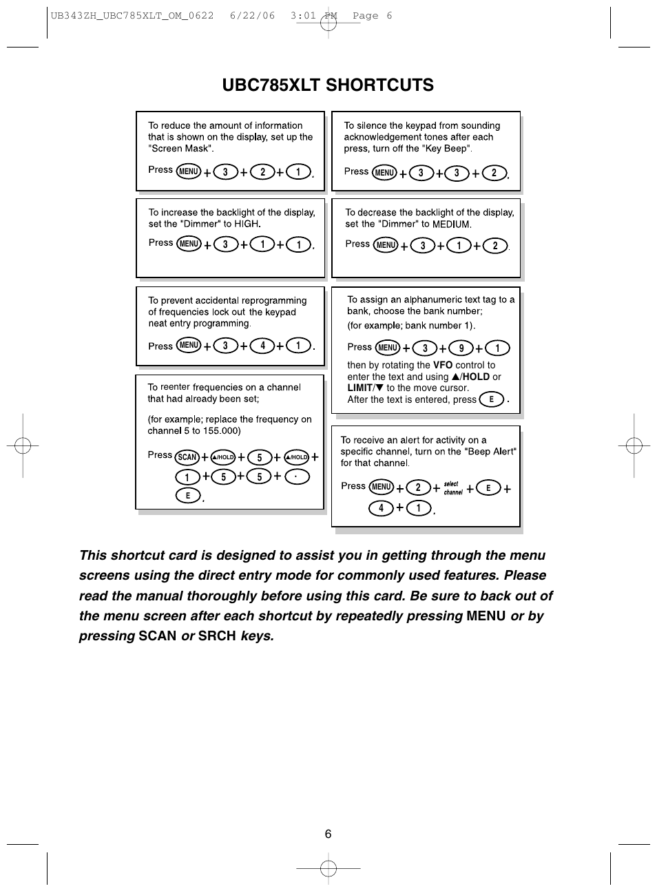 Ubc785xlt shortcuts | Uniden UBC785XLT User Manual | Page 10 / 60