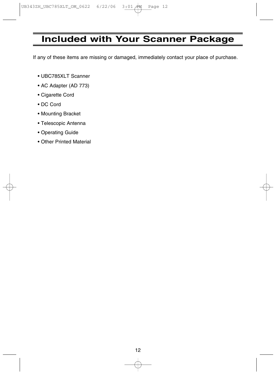 Included with your scanner package | Uniden UBC785XLT User Manual | Page 16 / 60