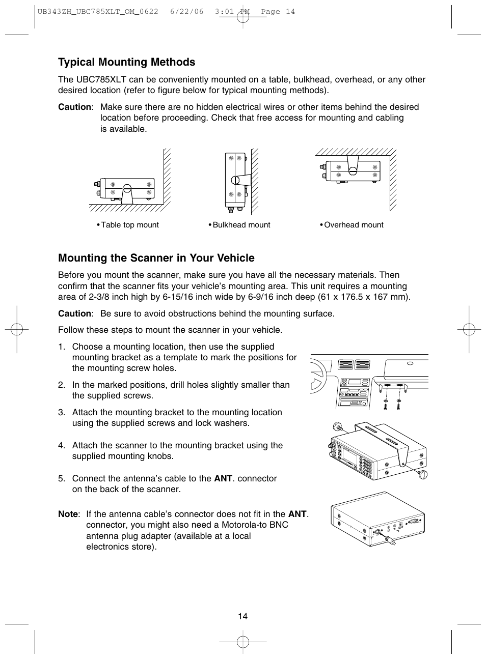 Typical mounting methods, Mounting the scanner in your vehicle | Uniden UBC785XLT User Manual | Page 18 / 60