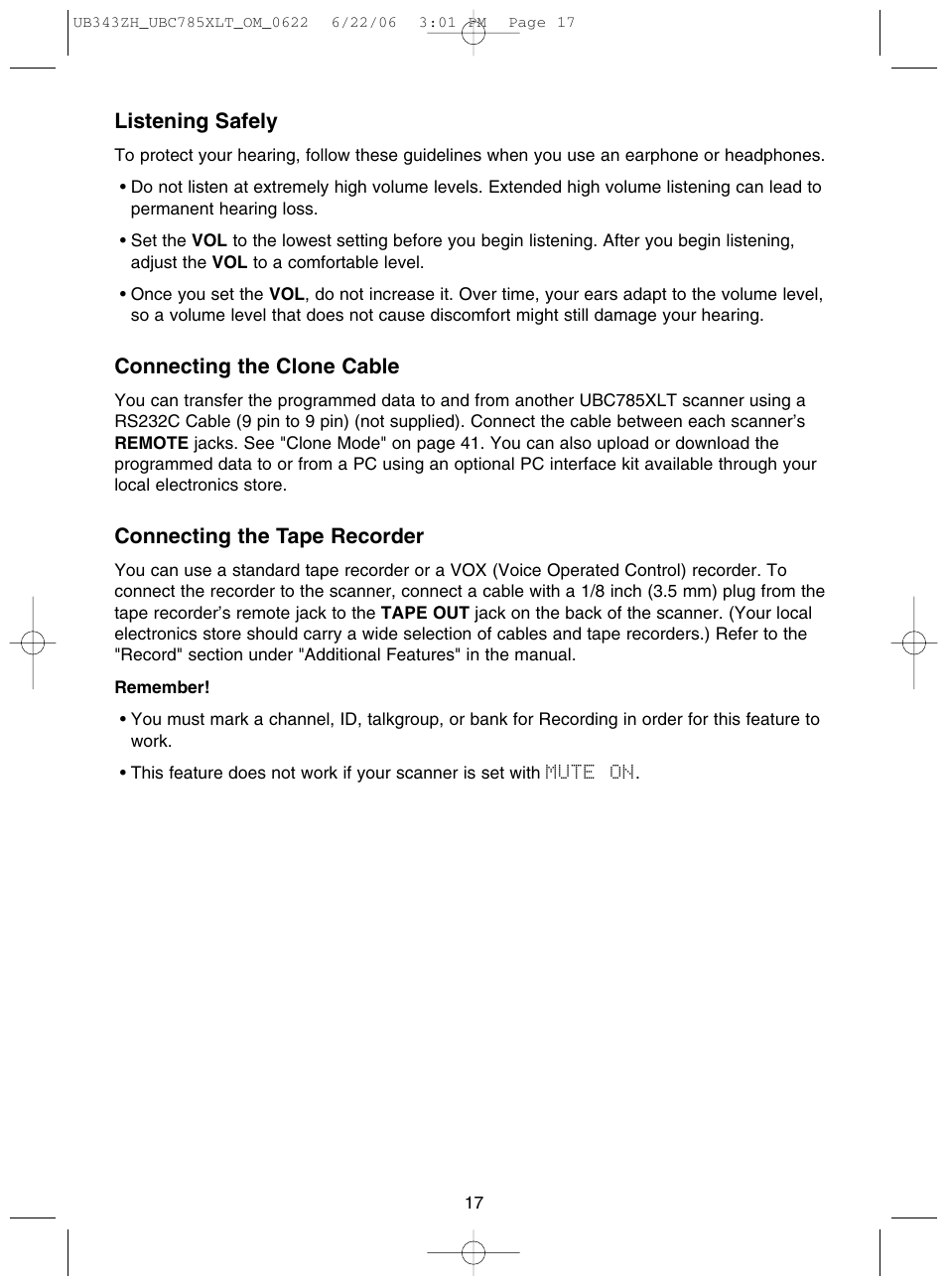 Listening safely, Connecting the clone cable, Connecting the tape recorder | Uniden UBC785XLT User Manual | Page 21 / 60
