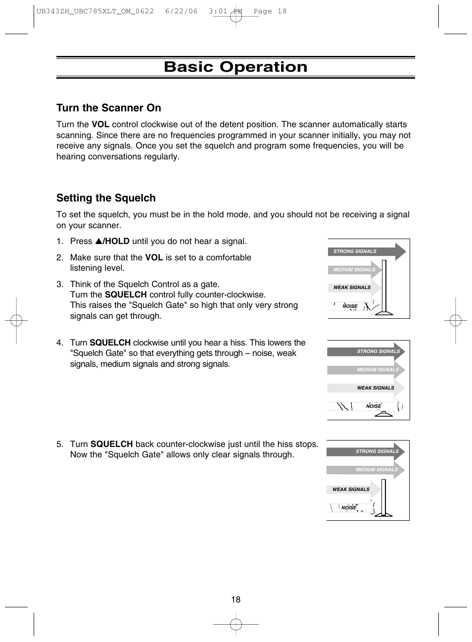 Basic operation, Turn the scanner on, Setting the squelch | Uniden UBC785XLT User Manual | Page 22 / 60