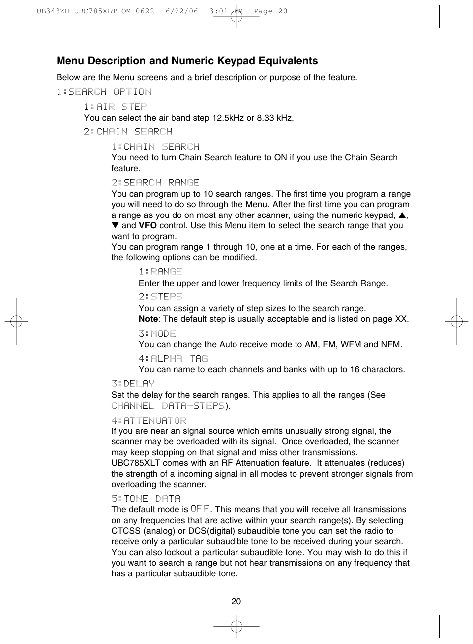 Menu description and numeric keypad equivalents | Uniden UBC785XLT User Manual | Page 24 / 60