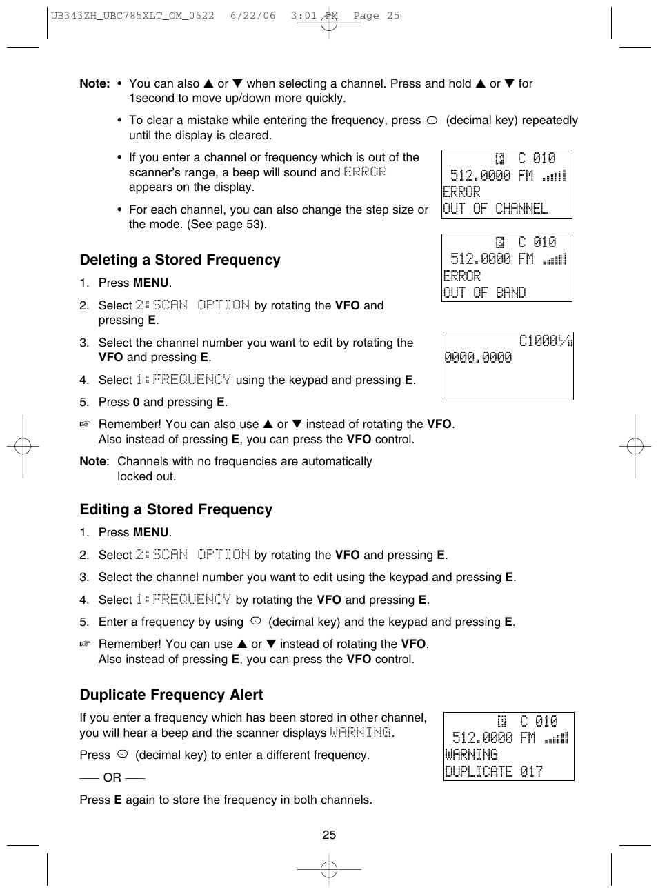 Deleting a stored frequency, Editing a stored frequency, Duplicate frequency alert | Uniden UBC785XLT User Manual | Page 29 / 60