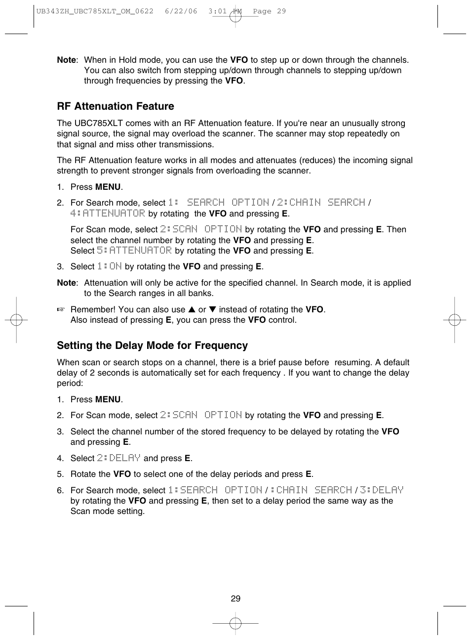Rf attenuation feature, Setting the delay mode for frequency | Uniden UBC785XLT User Manual | Page 33 / 60