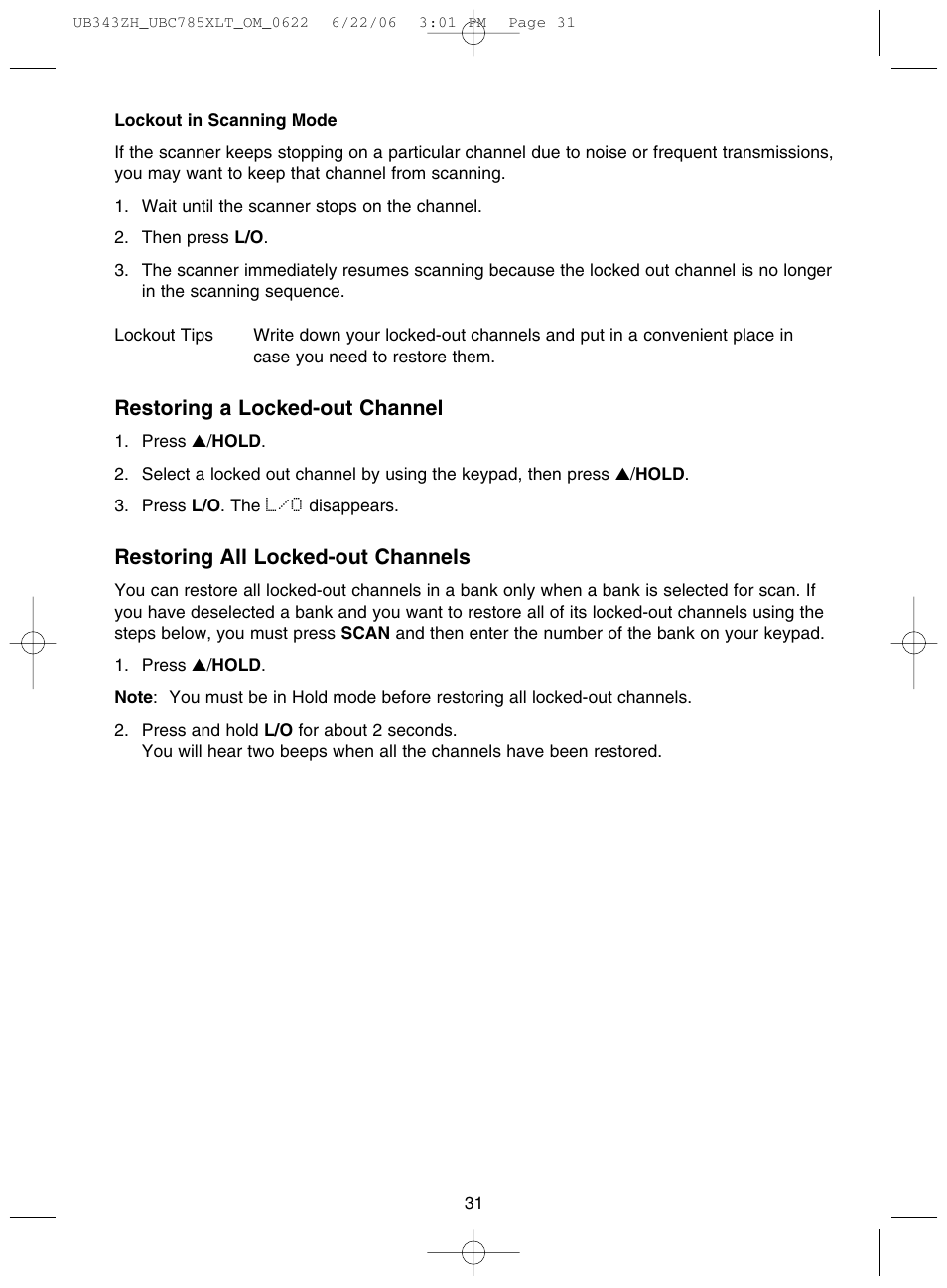 Restoring a locked-out channel, Restoring all locked-out channels | Uniden UBC785XLT User Manual | Page 35 / 60