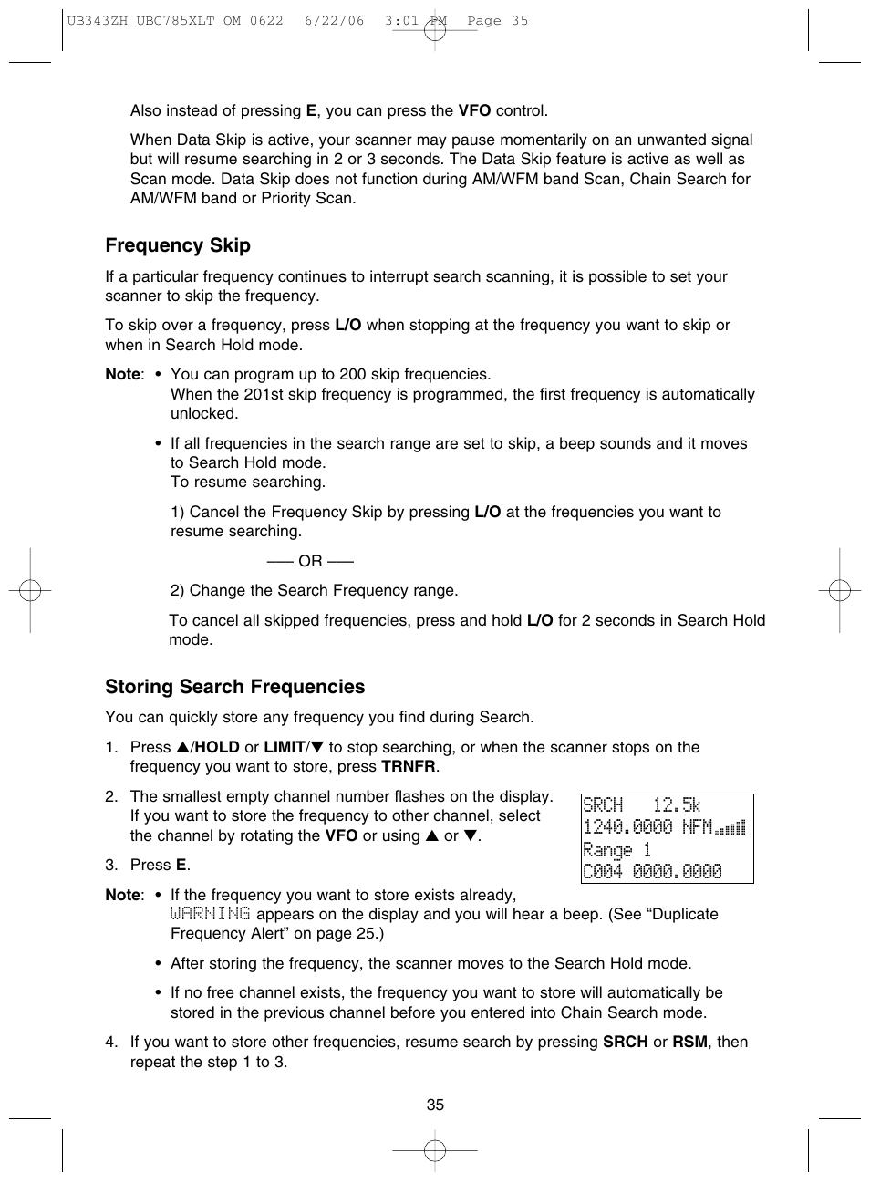 Frequency skip, Storing search frequencies | Uniden UBC785XLT User Manual | Page 39 / 60