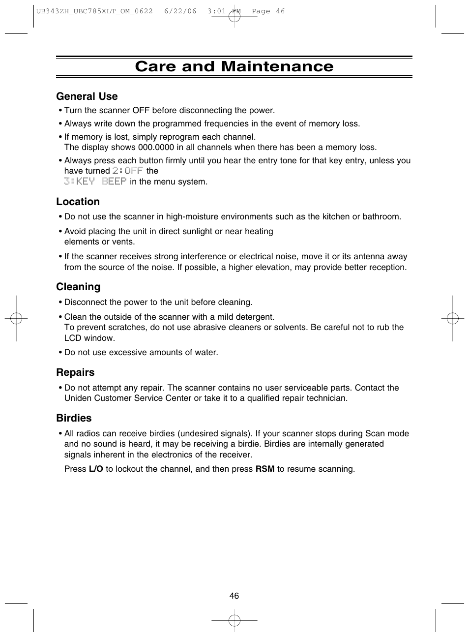 Care and maintenance | Uniden UBC785XLT User Manual | Page 50 / 60