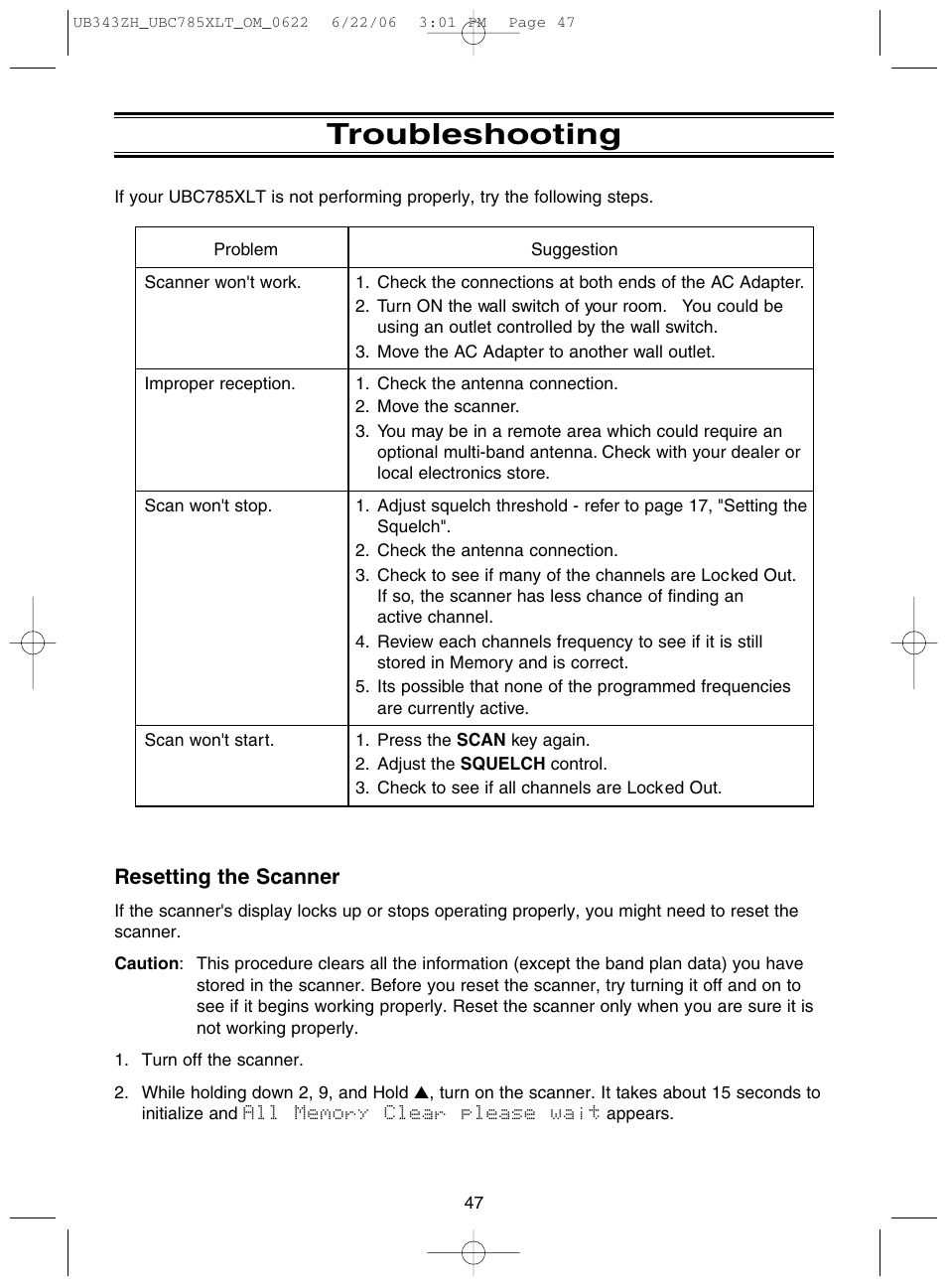 Troubleshooting, Resetting the scanner | Uniden UBC785XLT User Manual | Page 51 / 60