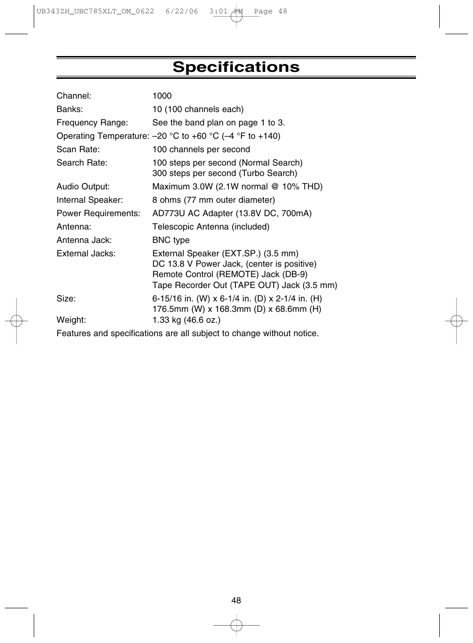 Specifications | Uniden UBC785XLT User Manual | Page 52 / 60
