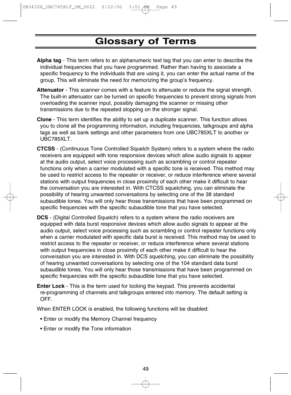 Glossary of terms | Uniden UBC785XLT User Manual | Page 53 / 60