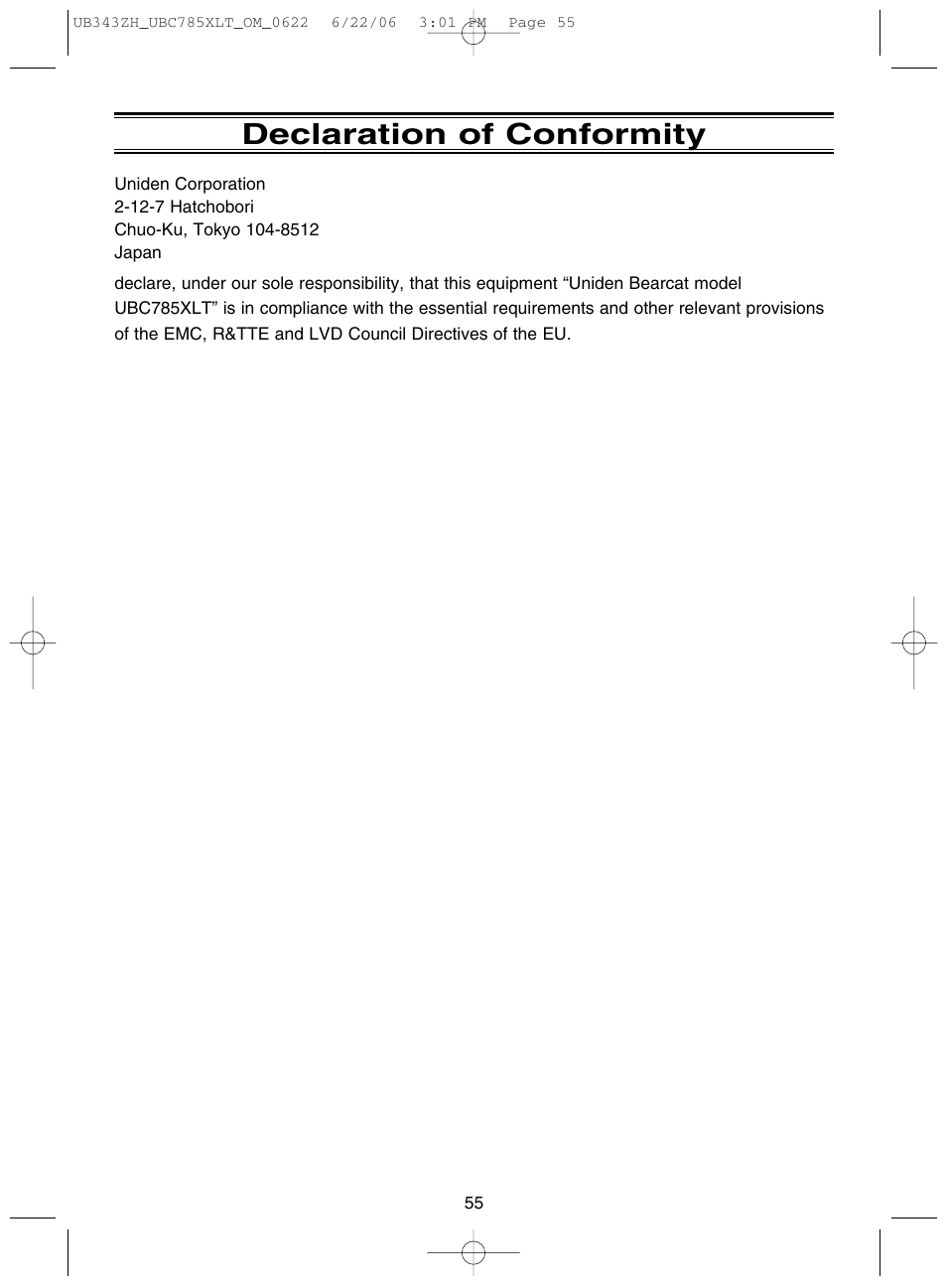 Declaration of conformity | Uniden UBC785XLT User Manual | Page 59 / 60
