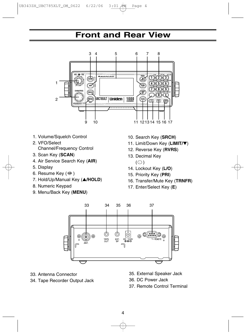Front and rear view | Uniden UBC785XLT User Manual | Page 8 / 60