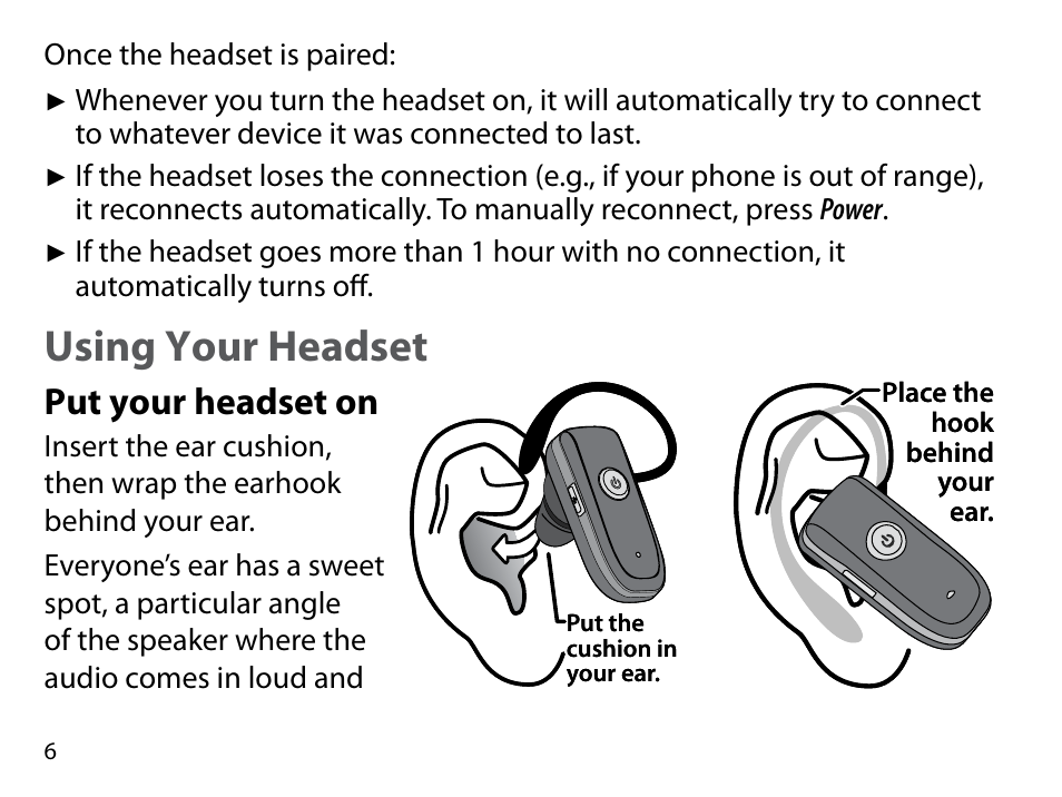 Using your headset, Put your headset on | Uniden BT109 User Manual | Page 6 / 16