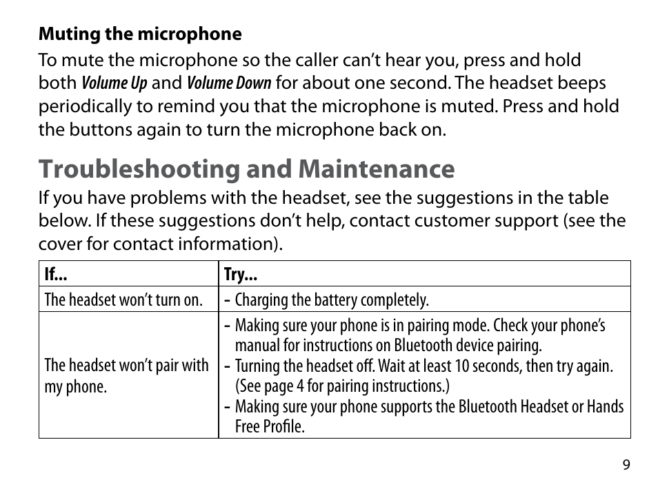 Troubleshooting and maintenance | Uniden BT109 User Manual | Page 9 / 16